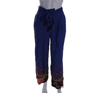 Ettitwa Womens Blue Floral Printed High Rise Belt Wide Leg Pants Size 14
